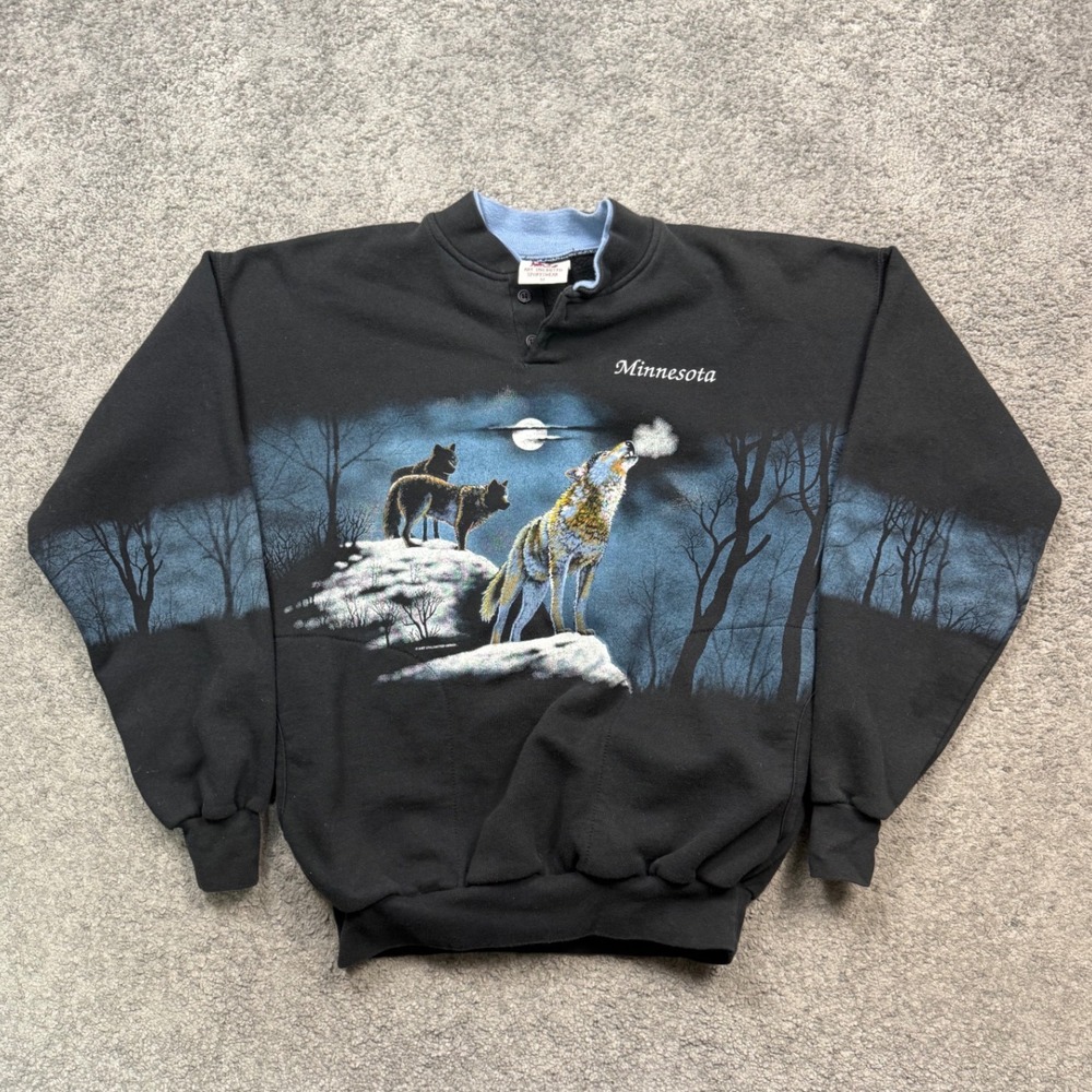 Art Unlimited Sportswear Wolf Minnesota Sweatshirt Black Size M Vintage Graphic